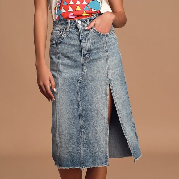Free People Women's Mambo Denim Zip Fly Midi Skirt in Light‎ Wash - Size 25 - Picture 1 of 6